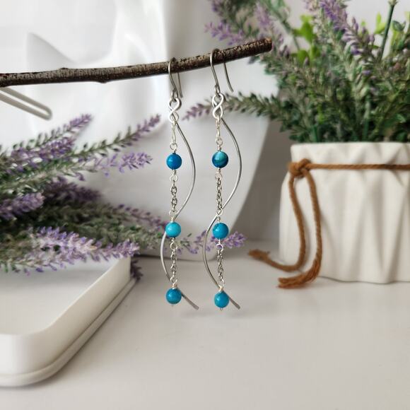 Blue Seashell Beads Long Wire Earrings / Stainless Steel Curved Wire Earrings - Picture 7 of 8
